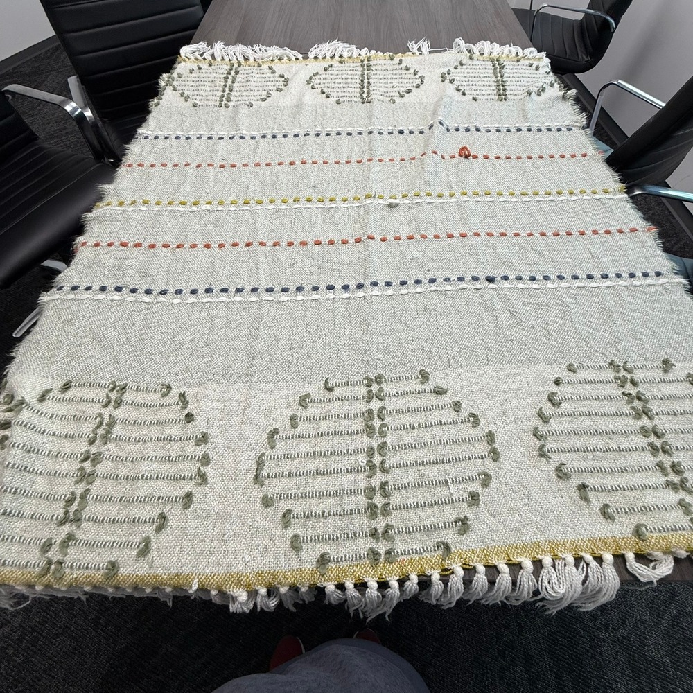 Amelie Home Woven Throw Blanket Cream Sage Green Tufted Boho Fringe 50x60